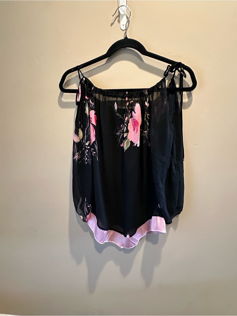 Papaya Black Floral Off-Shoulder Chemise Top with Pink Accents